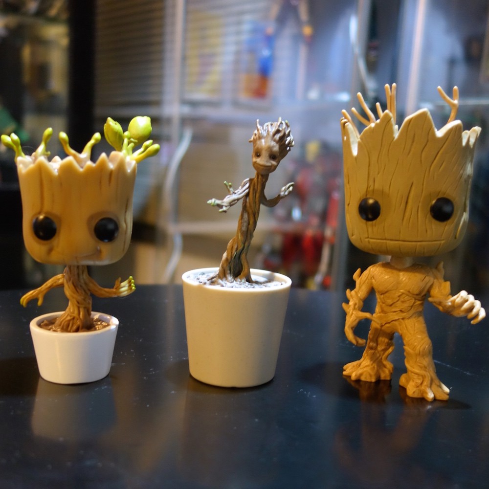 Dancing Groot (Funko Pop), Little Groot (Hot Toys), and Groot (Funko Pop)
