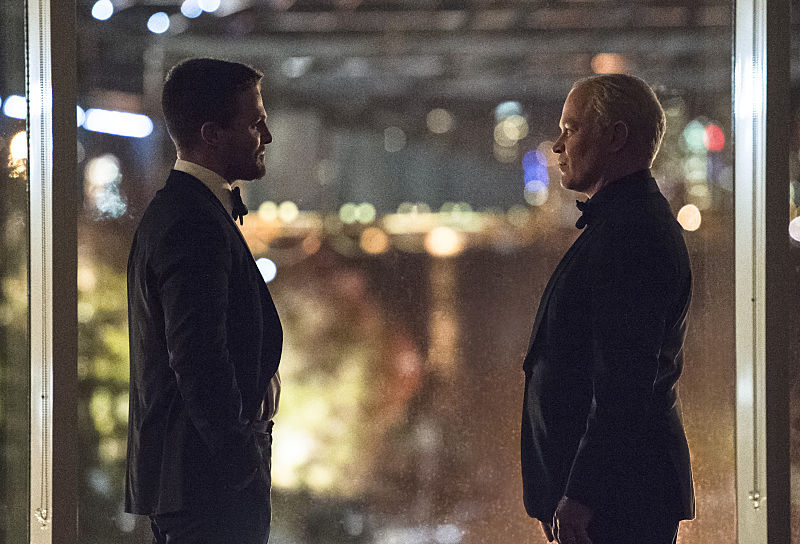 Arrow -- "Brotherhood" -- Image AR407B_275b.jpg -- Pictured (L-R): Stephen Amell as Oliver Queen and Neal McDonough as Damien Darhk -- Photo: Cate Cameron/The CW -- ÃÂ© 2015 The CW Network, LLC. All Rights Reserved.