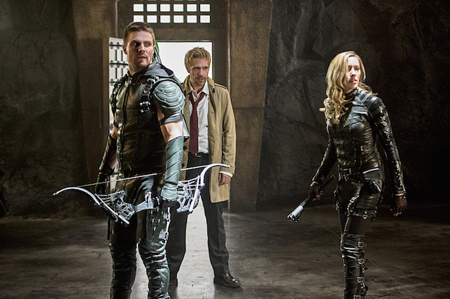 Arrow -- "Haunted" -- Image AR404B_0241b.jpg -- Pictured (L-R): Stephen Amell as The Arrow, Matt Ryan as Constantine and Katie Cassidy as Black Canary -- Photo: Cate Cameron/ The CW -- ÃÂ© 2015 The CW Network, LLC. All Rights Reserved.