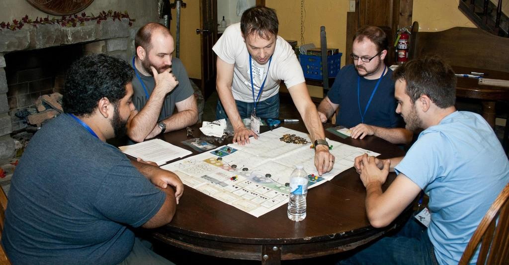 Seafall underwent extensive playtesting. Pictured here are designer, Rob Daviau (center), and Isaac Vega (left) and Colby Dauch (right) of Plaid Hat Games
