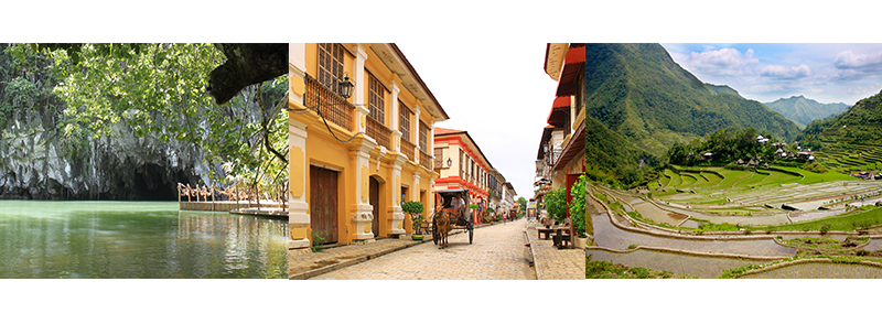 UNESCO Heritage Sites: Puerto Princesa Underground River, Historic City of Vigan, Rice Terraces in Batad, Ifugao (Cordilleras)