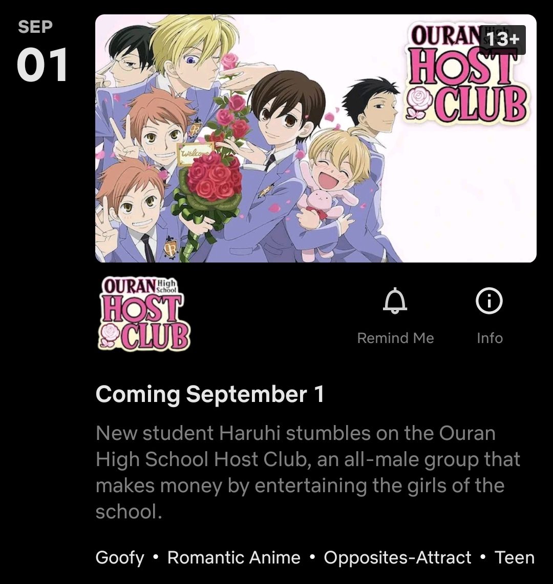 Ouran High School Host Club is coming to Netflix this September