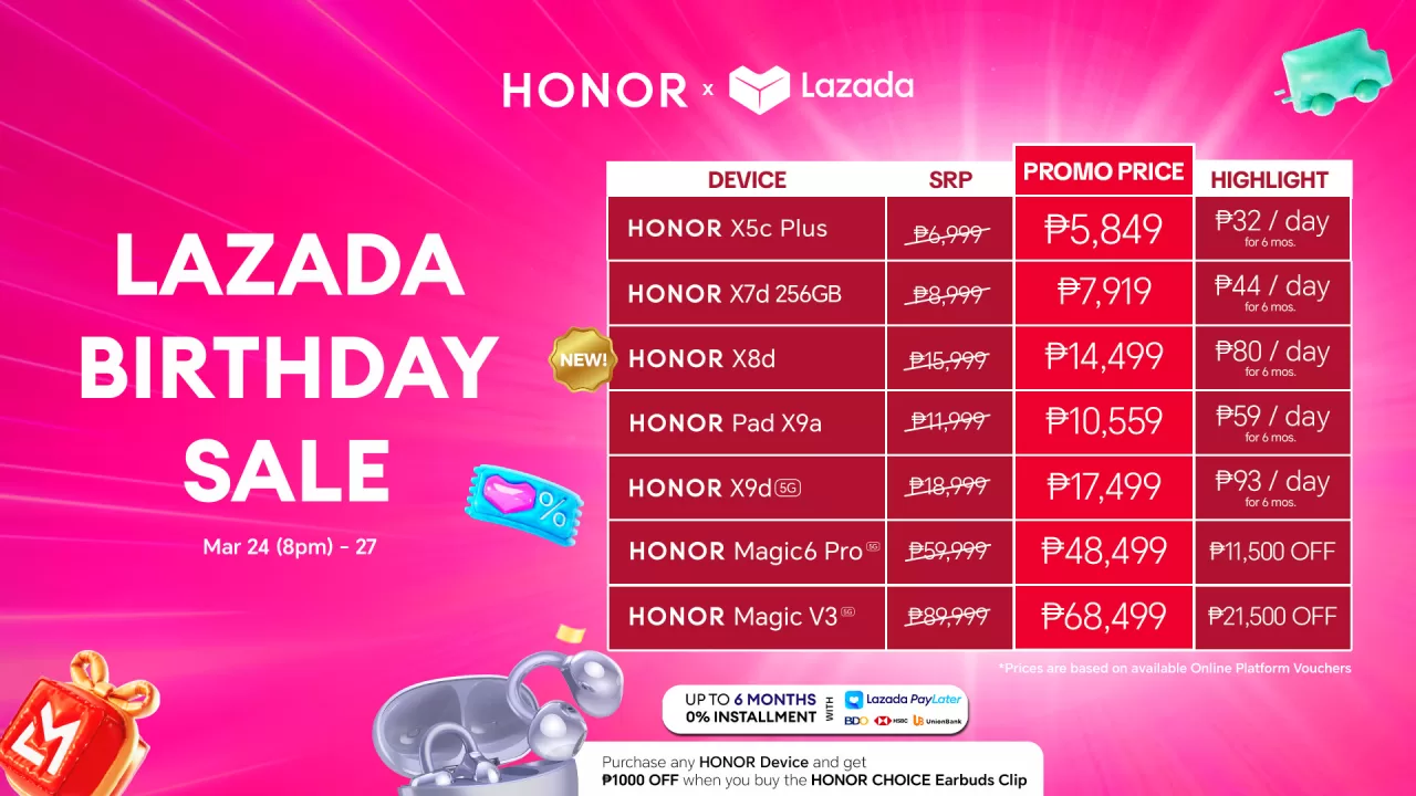 Save up to PHP 20,000 on HONOR products this Lazada Birthday Sale